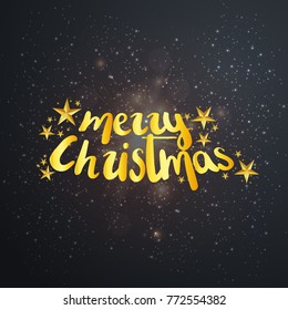 Merry christmas golden typography black background with snow.