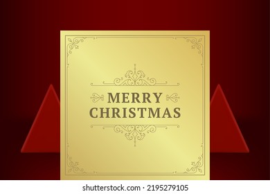 Merry Christmas golden vintage greeting card premium curved ornament decorative design vector illustration. Happy New Year traditional winter holiday celebration post curly ornate banner