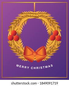 merry christmas, golden wreath holly berry bow decoration card vector illustration