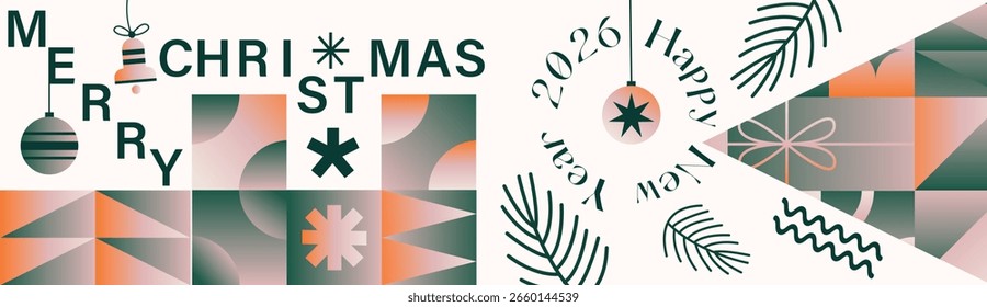 Anuncio geométrico del patrón del gradiente de las Navidades alegres con la tipografía moderna y los ornamentos festivos coloridos y el diseño de fondo del saludo de Festiva de los copos de nieve
