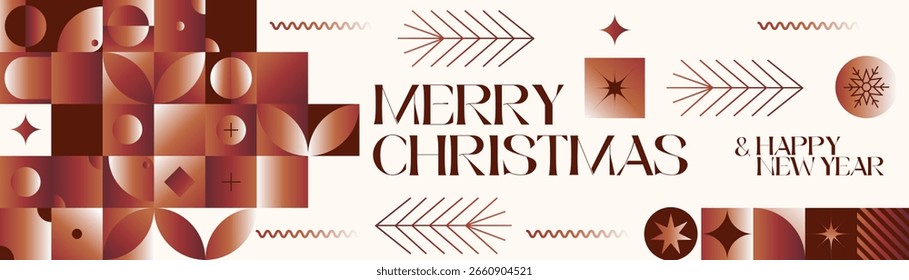 Banner de padrão geométrico gradiente de Natal alegre com tipografia moderna e ornamentos festivos coloridos e flocos de neve projeto de fundo comemoração de férias