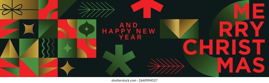 Merry Christmas Gradient Geometric Pattern Banner with Modern Typography and Colorful Festive Ornaments and Snowflakes Holiday Greeting Background Design
