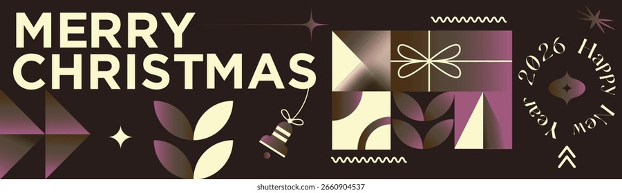 Merry Christmas Gradient Geometric Pattern Banner with Modern Typography and Colorful Festive Ornaments and Snowflakes Holiday Greeting Background Design