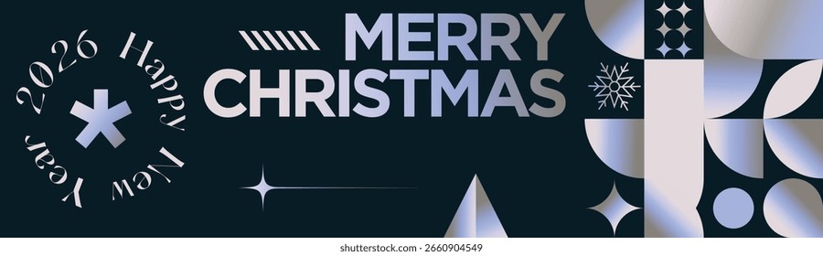 Merry Christmas Gradient Geometric Pattern Banner with Modern Typography and Colorful Festive Ornaments and Snowflakes Holiday Greeting Background Design