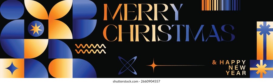Banner de padrão geométrico gradiente de Natal alegre com tipografia moderna e ornamentos festivos coloridos e flocos de neve projeto de fundo comemoração de férias