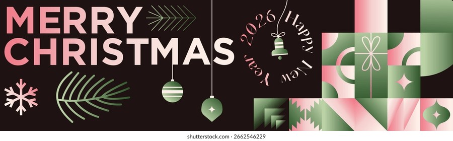 Anuncio geométrico del patrón del gradiente de las Navidades alegres con la tipografía moderna y los ornamentos festivos coloridos y el diseño de fondo del saludo de Festiva de los copos de nieve