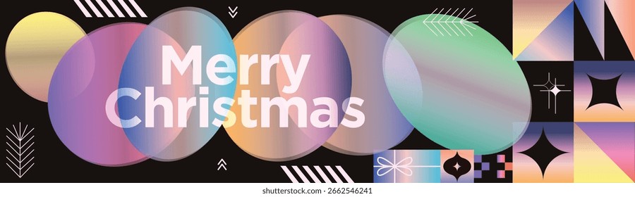 Merry Christmas Gradient Geometric Pattern Banner with Modern Typography and Colorful Festive Ornaments and Snowflakes Holiday Greeting Background Design