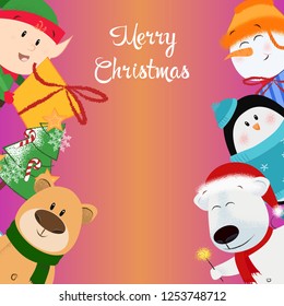 Merry Christmas gradient leaflet design. Lettering with cartoon heroes on gradient background. Can be used for postcards, invitations, greeting cards 