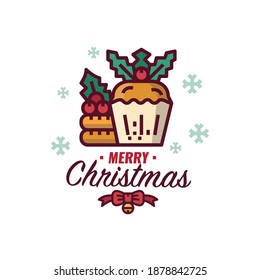 Merry Christmas graphic for card, banner, poster. Christmas food and dessert with lettering. flat design vector illustration