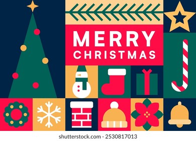 Merry Christmas Graphic Collage with Christmas Tree and Holiday Icons Vector Illustration