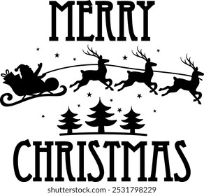 Merry Christmas Graphic with Santa and Reindeer. Vector Illustration