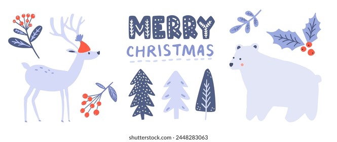 Merry Christmas graphics set, polar bear, deer in santa hat, cute spruce and fir trees, decorated branches berries. Vector winter holidays seasonal elements.