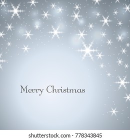 Merry Christmas gray background with text. Stars, white winter snowflakes. Light xmas card. Happy New Year celebration abstract pattern. Holiday festive design Vector illustration