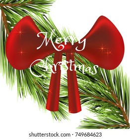 merry christmas greating card with big red bow and Christmas tree