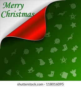 Merry Christmas green background with curled red corner