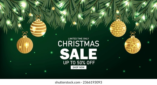 Merry Christmas green banner with golden decoration and pine tree leaves on light background