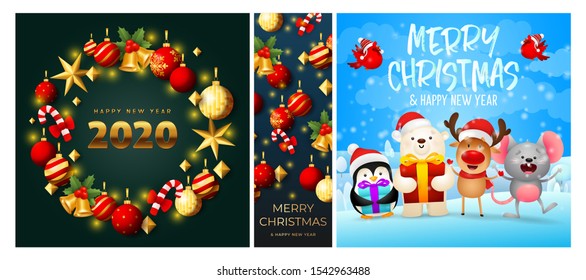 Merry Christmas green, blue banner set with wreath, animals. New Year, Christmas, winter. Calligraphy with decorative design can be used for invitations, post cards, announcements