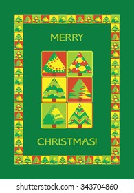 Merry Christmas green card with six colors decorative pine trees