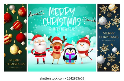 Merry Christmas green, cyan, blue banner set with animals. New Year, Christmas, winter. Calligraphy with decorative design can be used for invitations, post cards, announcements