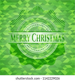 Merry Christmas green emblem with triangle mosaic background