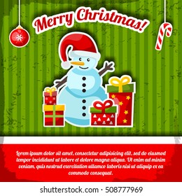 Merry christmas green flat card with red text field and funny snowman vector illustration