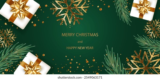 Feliz Natal verde saudação banner fundo. Galhos verdes realistas, caixas de presente brancas com arco de ouro e confete. Cartão de férias com flocos de neve. Vetor texto X-mas e Feliz Ano Novo design.