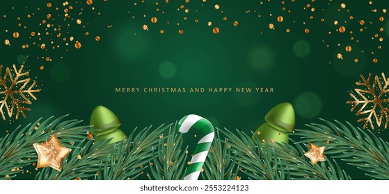 Fondo de Anuncio de saludo verde de Navidades alegres. Ramas realistas, árbol verde 3D, caña de caramelo y confeti. Tarjeta Festiva con copos de nieve y estrellas. Texto de Vector X-mas y diseño de Feliz Año Nuevo.