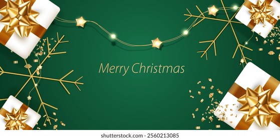 Merry Christmas green greeting banner, board background. Realistic gift boxes, lamps and snowflakes. Holiday card with snowflake and stars. Vector text X-mas and Happy New Year design.