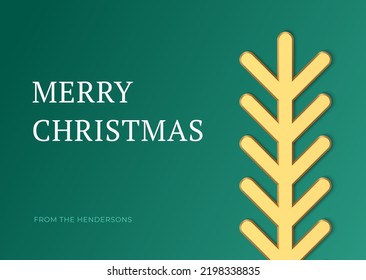 Merry Christmas green greeting card template golden spruce bauble realistic 3d icon vector illustration. Happy New Year congratulations trendy banner fir tree branch coniferous needles pine toy design