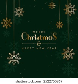 Merry Christmas green greeting card with golden snowflakes