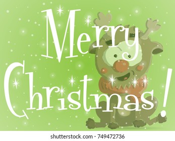 Merry Christmas green greeting card with cute smiling deer Ruddy vector illustration