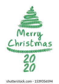 Merry Christmas green pine font design with tree bush shape, Happy new year 2020 hand draw icon isolated on white background.