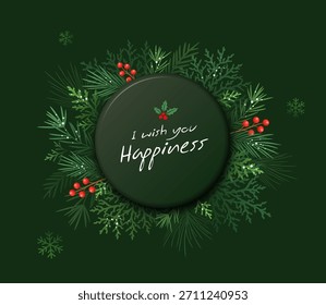 Hoja de pino verde de la feliz Navidad, diseño del cartel de la tarjeta de felicitación en fondo verde oscuro, Ilustración vectorial de Eps 10