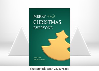 Merry Christmas green premium greeting card golden fir tree Xmas congrats realistic 3d icon vector illustration. Happy New Year poster winter holiday celebration spruce bauble toy decorative design