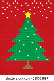 Merry Christmas (green) tree card block pattern red background with snow