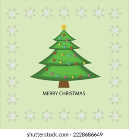 Merry Christmas green christmas tree decorated with colorful balls and  ice flacks on light green color background.