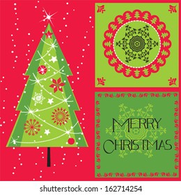 merry christmas green tree greeting card vector illustration
