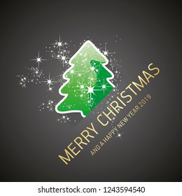 Merry Christmas green tree logo icon sparkle firework star dust black greeting card