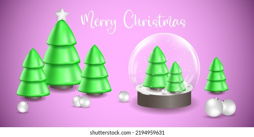 Merry Christmas, green Christmas trees with a star, glass ball Vector illustration
