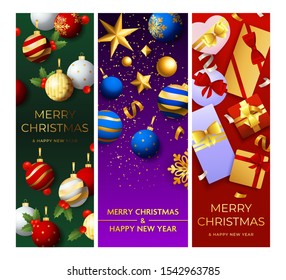 Merry Christmas green, violet, red banner set with baubles. New Year, Christmas, winter. Calligraphy with decorative design can be used for invitations, post cards, announcements