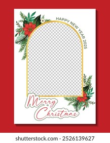 Merry Christmas greenery branches 1 Photo Holiday Card red gold bodar with calligraphy