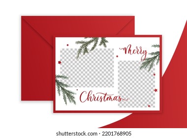 Merry Christmas greenery branches 2 Photo Holiday Card with calligraphy