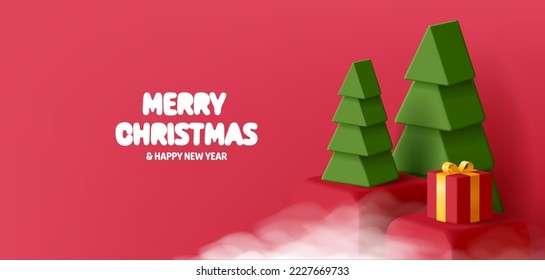 Merry Christmas greeting 3d composition with stylized Cristmas tree and goft box, red background with fog or clouds