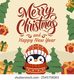 Merry Christmas Greeting with Adorable Penguin and Gifts