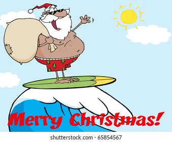 Merry Christmas Greeting With African American Santa Claus Carrying His Sack While Surfing