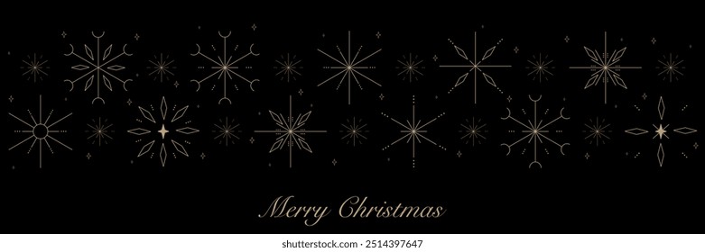 Merry christmas greeting background. Beautiful snowflakes background. Vector linear collection. Golden snowflakes on a dark background.