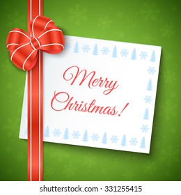 Merry Christmas Greeting Background with red bow and white paper sheet. Vector festive design