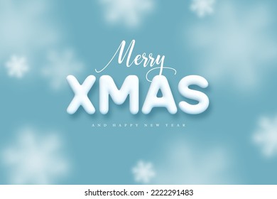 Merry Christmas greeting banner. 3d white Xmas on blue background with falling snowflakes. Vector illustration.