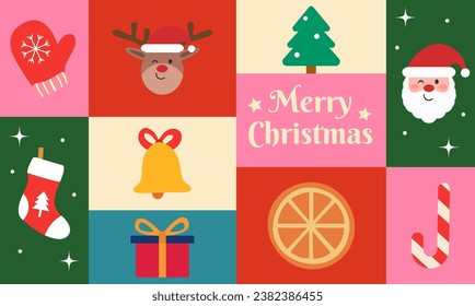 Merry Christmas greeting banner and background. Flat geometric design with squares and traditional holiday elements. Cheerful and vibrant vector illustration.