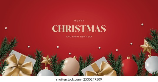 Merry Christmas greeting banner background. Noel greeting card with gold ribbon gift box, pine tree leaf, red white noel ornament, star and snowball. Realistic vector design invitation, festive, promo